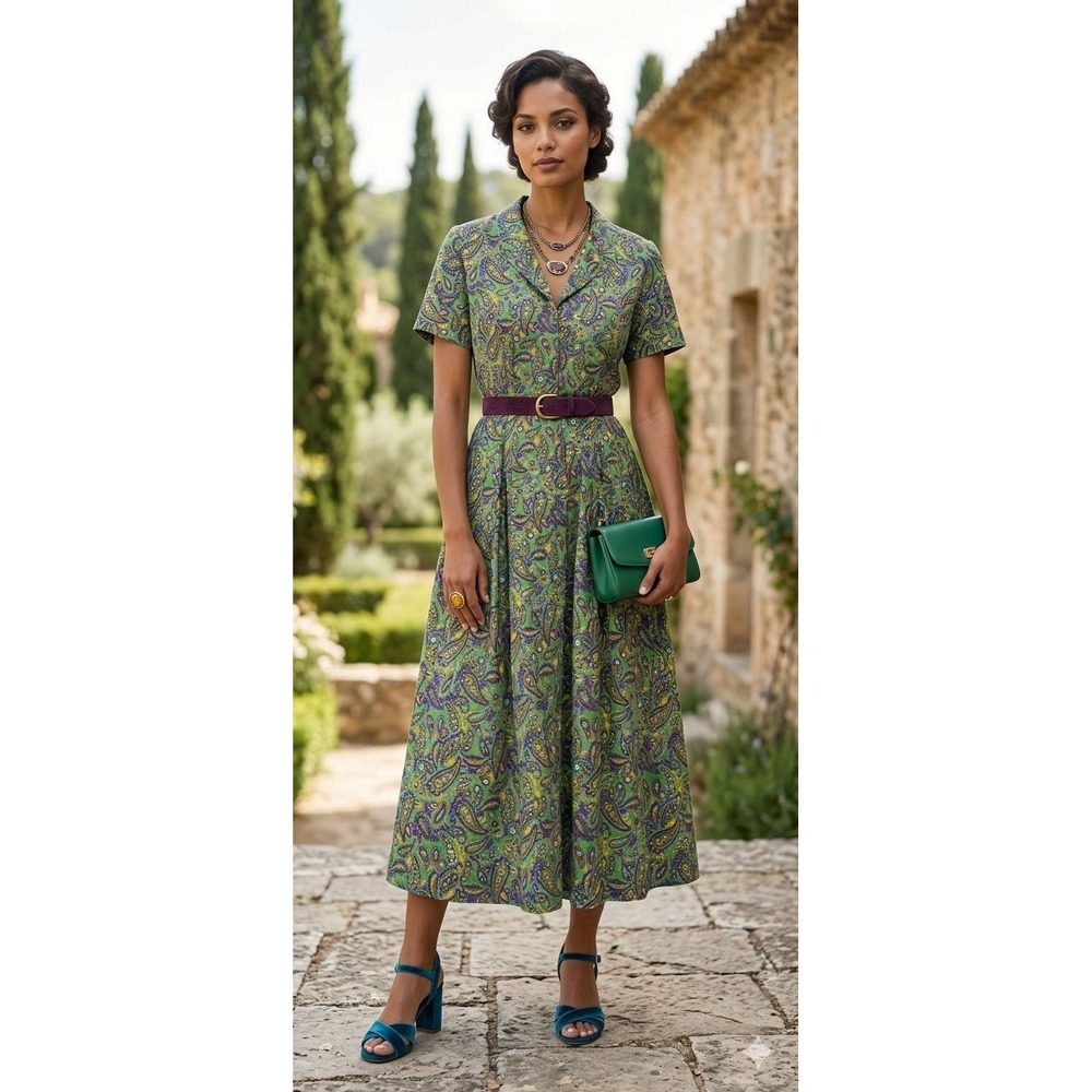 Vintage Style Paisley Midi Dress Green Purple Short Sleeve Pleated Skirt 40L